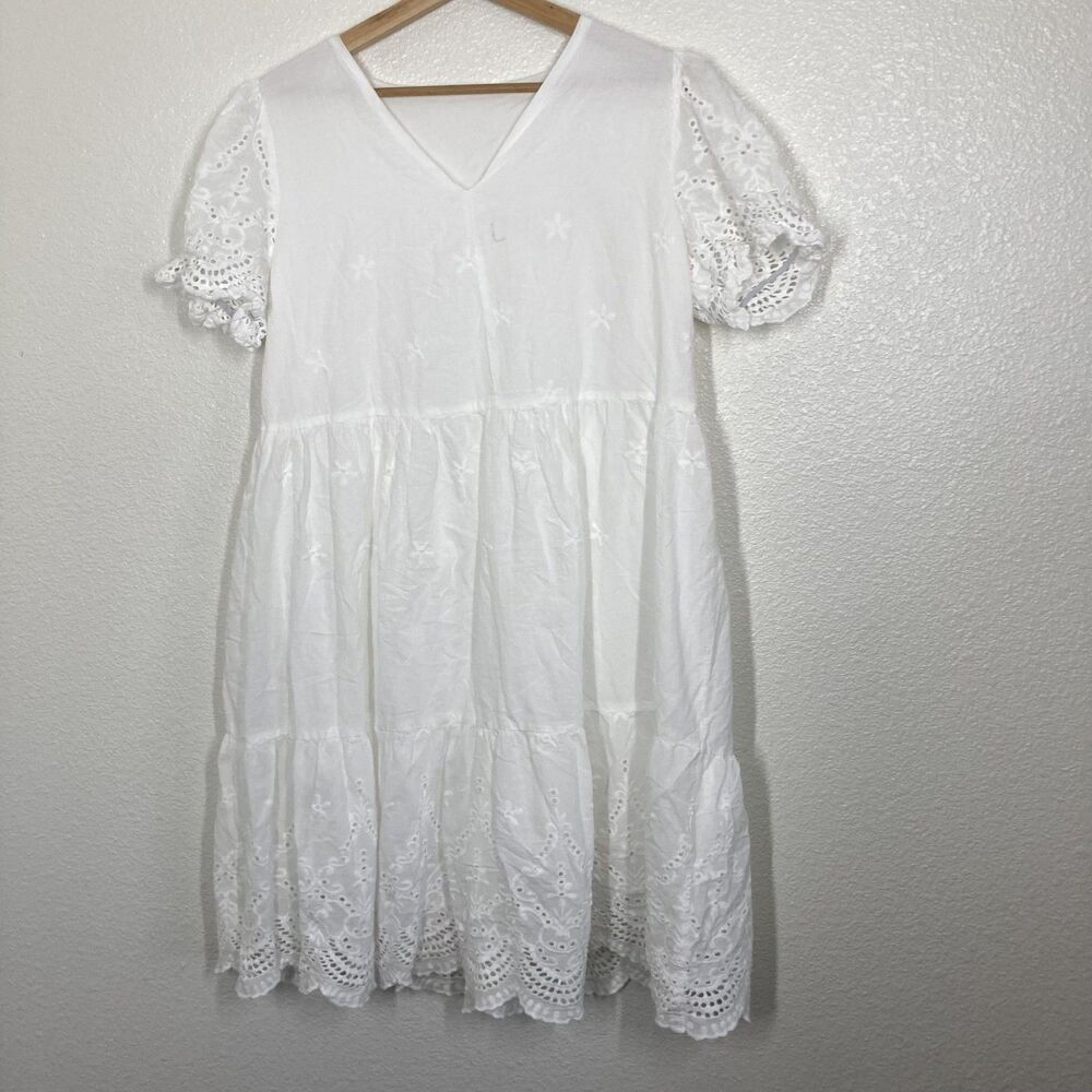 Sun Dress Summer Boho White Floral SHEIN Womens XL Lace Puff Sleeve V Neck Swing - Picture 3 of 16
